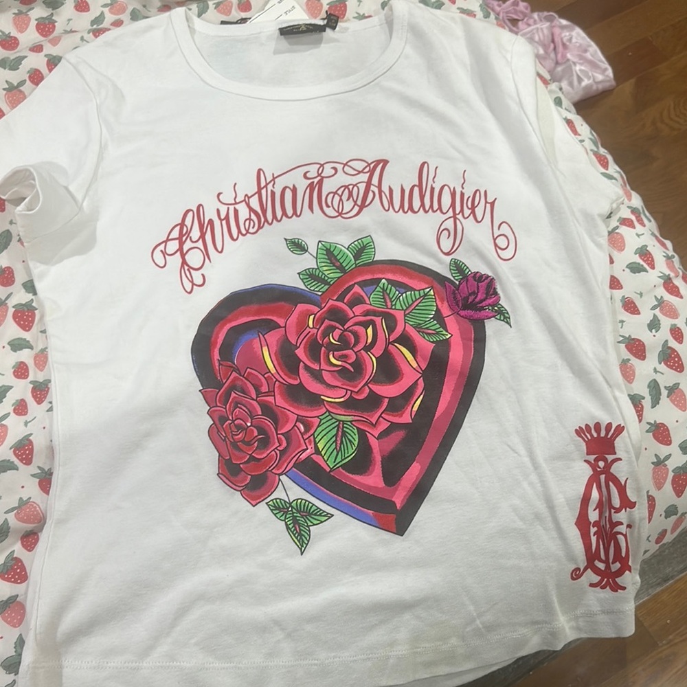 Christian Audigier T-Shirt with Red and Green Heart Design